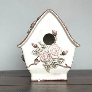 Vintage Ceramic Birdhouse – Hand Painted Floral Shabby Chic Distressed Decor
